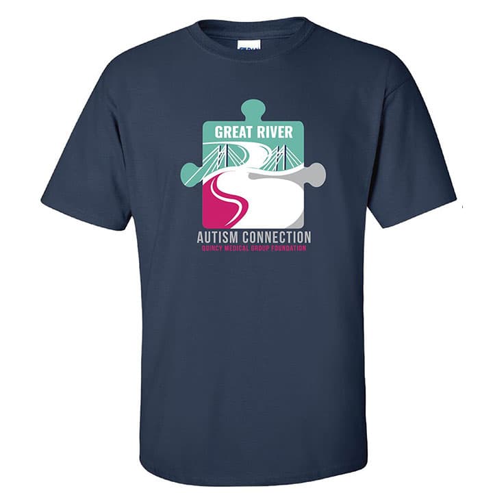 Navy blue t-shirt with the Great River Autism Connection logo on the front